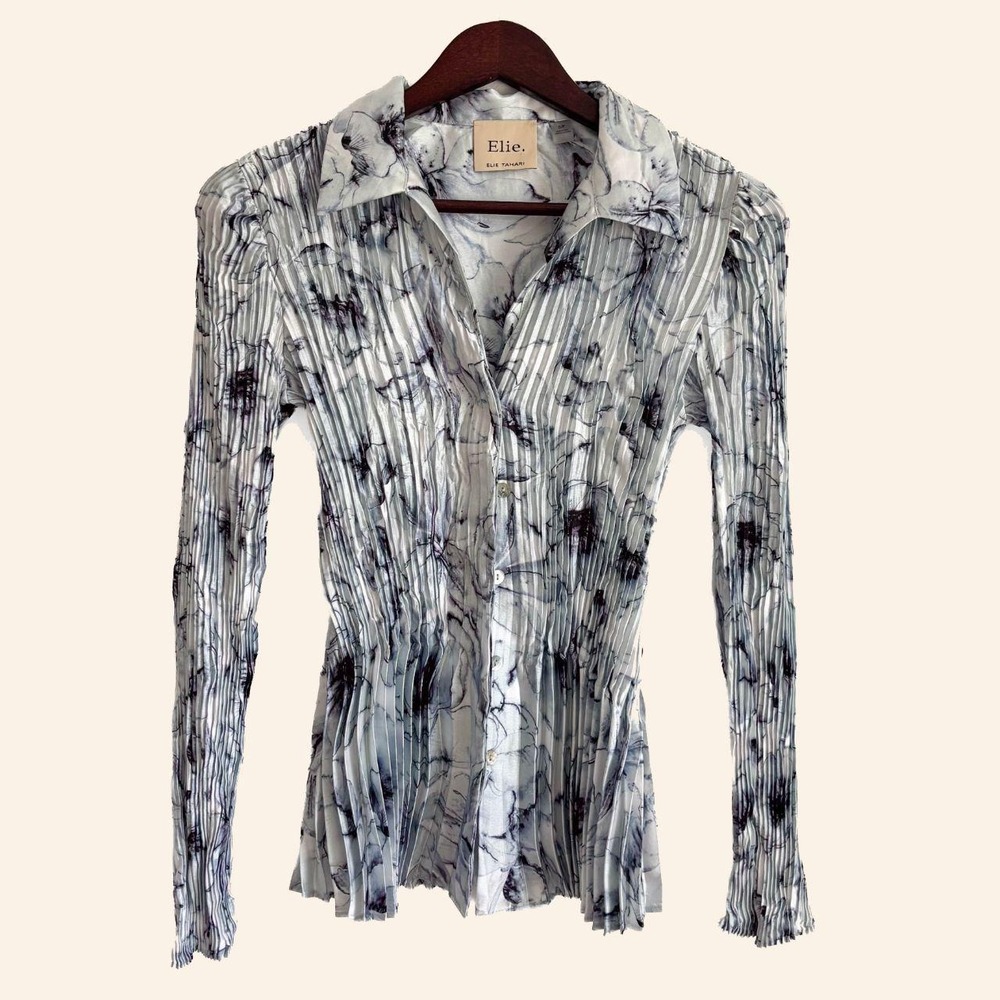 Elie Tahari Pleated Floral Button Front Blouse